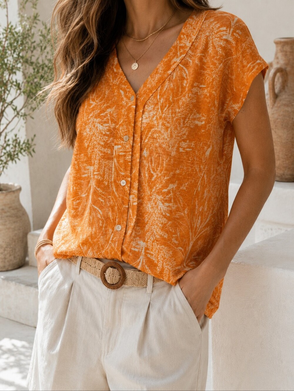 Tahari 100% Linen Top M Orange Botanical Print Pearlescent Buttons